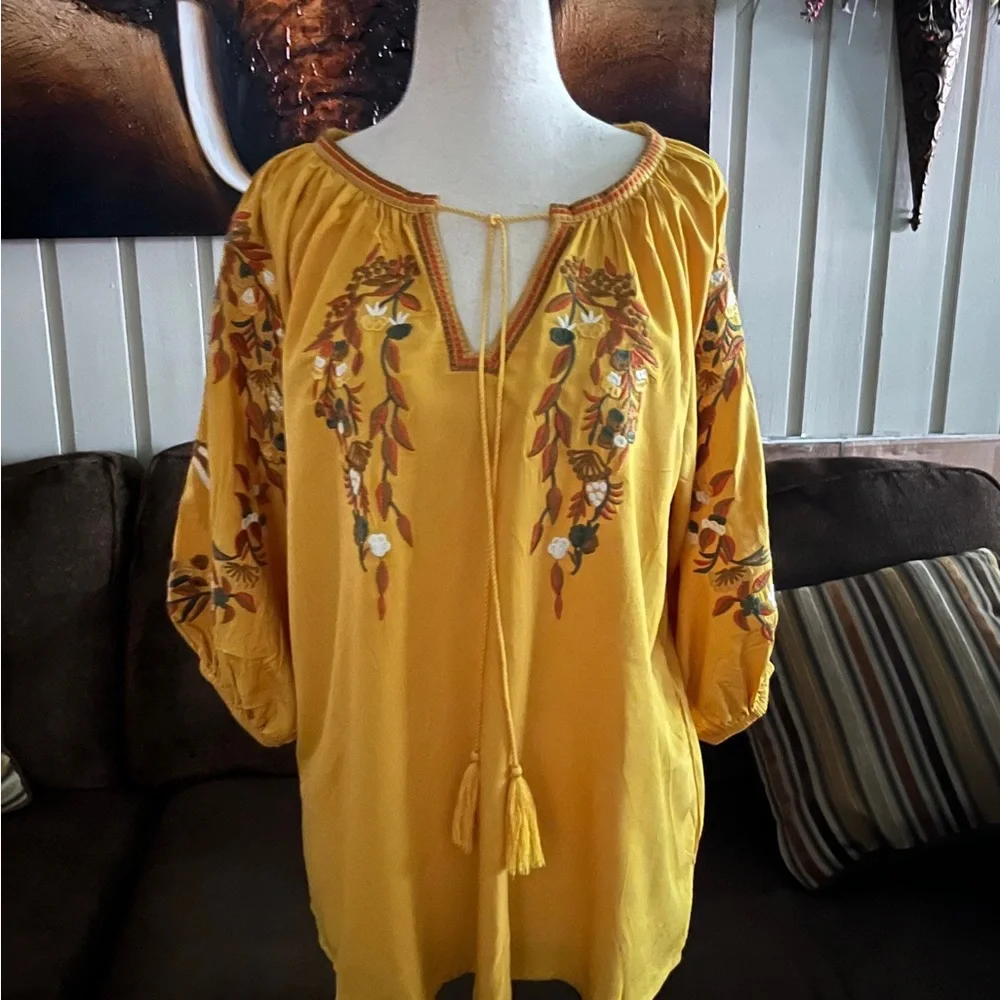 Solitare • Small • Boho • Yellow/Brown • Floral • Bird • Embroidery • Blouse - Picture 8 of 10